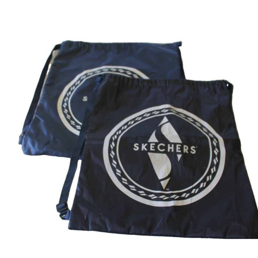 2 x Skechers Nylon Drawstring Bag Backpack Gym Travel Navy Blue Shoe Dust Bag